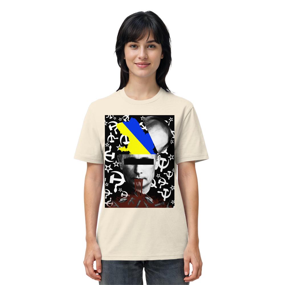 Frau trägt das Vegan und Bio Unisex Shirt: STOP WAR IN UKRAINE! mit antikommunistischem, pro-ukrainischem Design, das eine kritische Botschaft gegen Putins Krieg vermittelt.