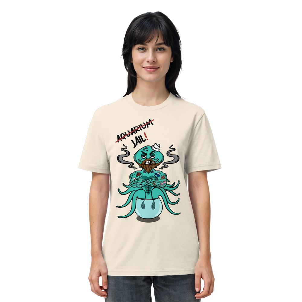 Vegan und Bio Unisex Shirt: Animal Rights - Aquarium=Jail! zeigt Cartoon-Oktopus mit Seemanns-Mütze und Tattoos in Fischglas, reflektiert Tierrechts-Thema und nachhaltige Mode von RUDE REBEL.