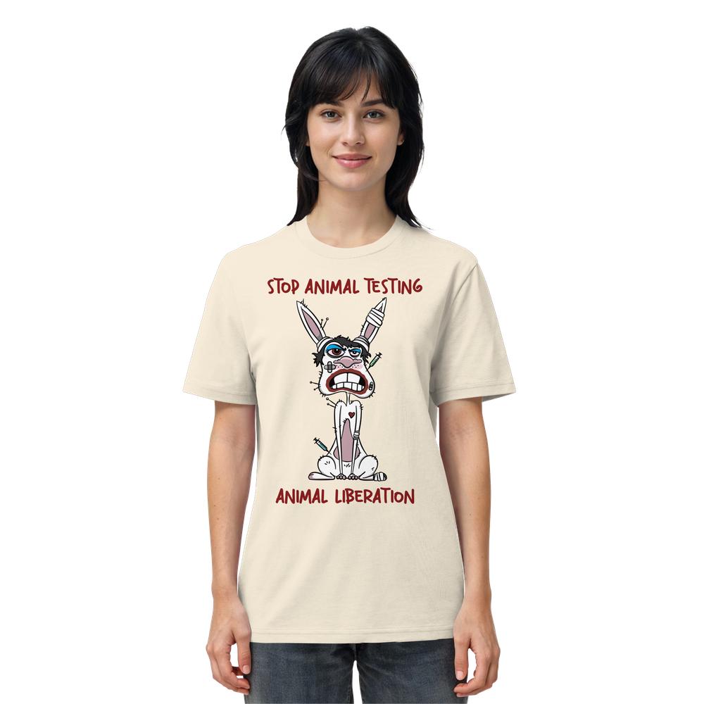 Person trägt ein T-Shirt mit der Aufschrift Stop Animal Testing und Cartoon eines leidenden Kaninchens. Produkt: Vegan und Bio Unisex Shirt: White rabbit - STOP ANIMAL TESTING!