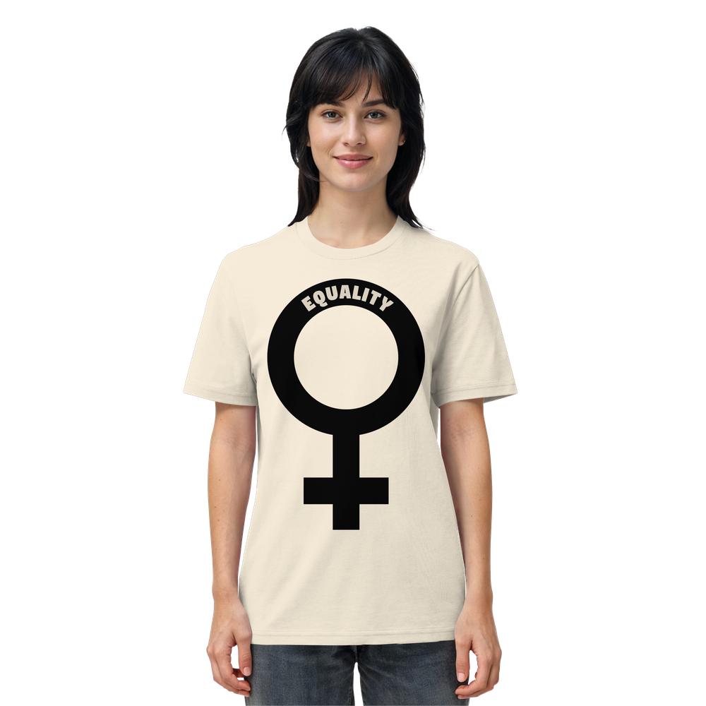 Person trägt ein veganes und biologisches Unisex-Shirt mit Venus-Symbol und EQUALITY Schriftzug. Feministisches Design von RUDE REBEL aus 100 % Bio-Baumwolle.