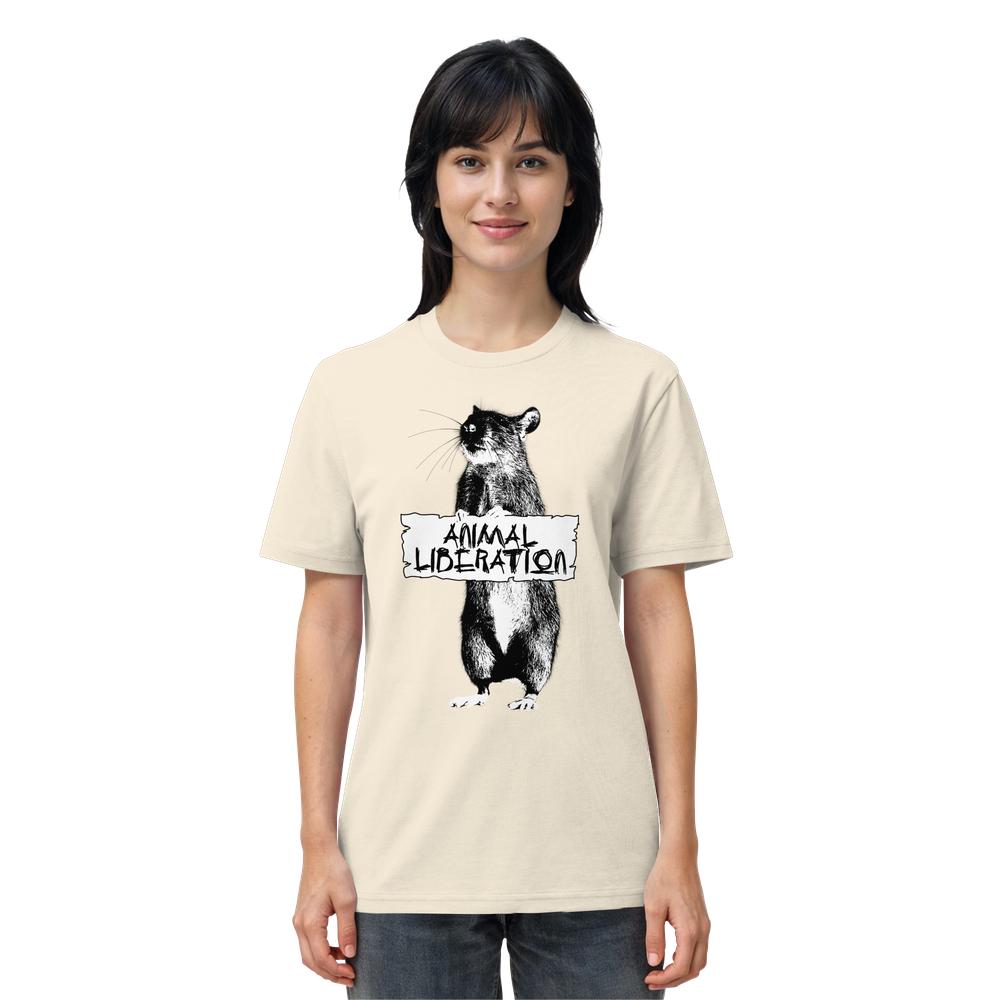 Person trägt ein Vegan und Bio Unisex Shirt: Rat for Animal Liberation mit Ratten-Design und Animal Liberation-Schriftzug, inspiriert von Banksys Street Art, auf Bio-Baumwolle.