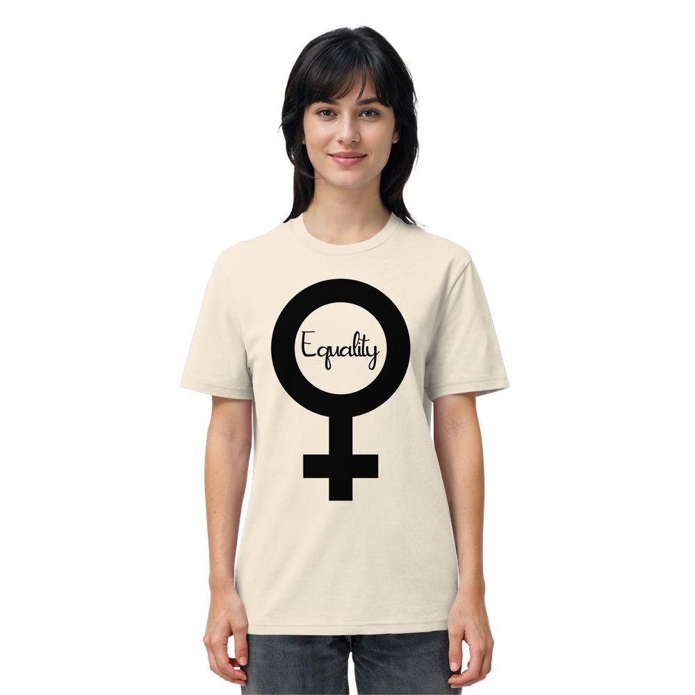 Person trägt ein T-Shirt mit großem schwarzen Venussymbol und dem Schriftzug Equality. Produkt: Vegan und Bio Unisex Shirt: Feminismus - Der Kampf um Gleichberechtigung.