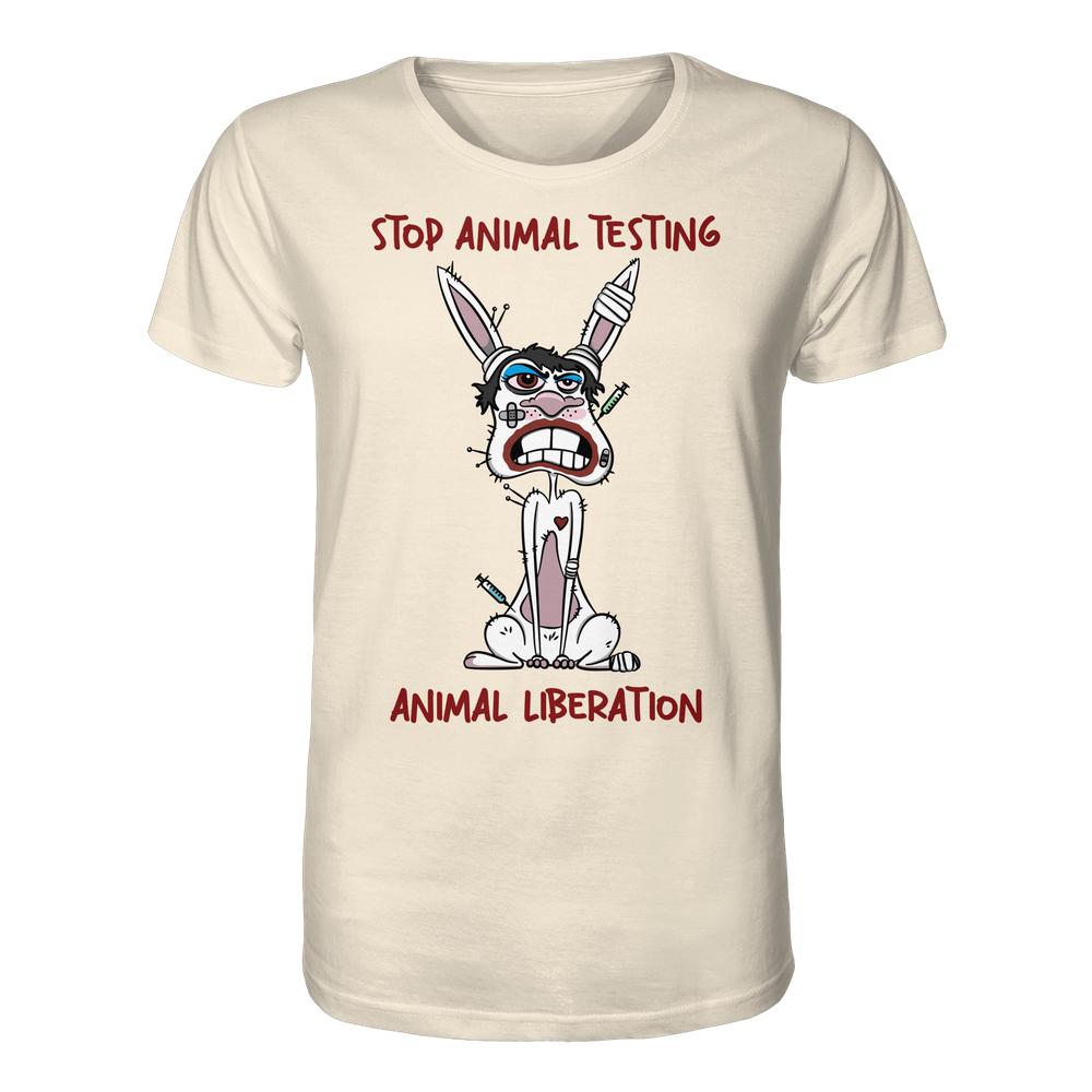 T-Shirt mit Cartoon eines verzweifelten Hasen, umgeben von Spritzen, mit den Aufschriften STOP ANIMAL TESTING und ANIMAL LIBERATION. Veganes, Bio-Shirt von RUDE REBEL.