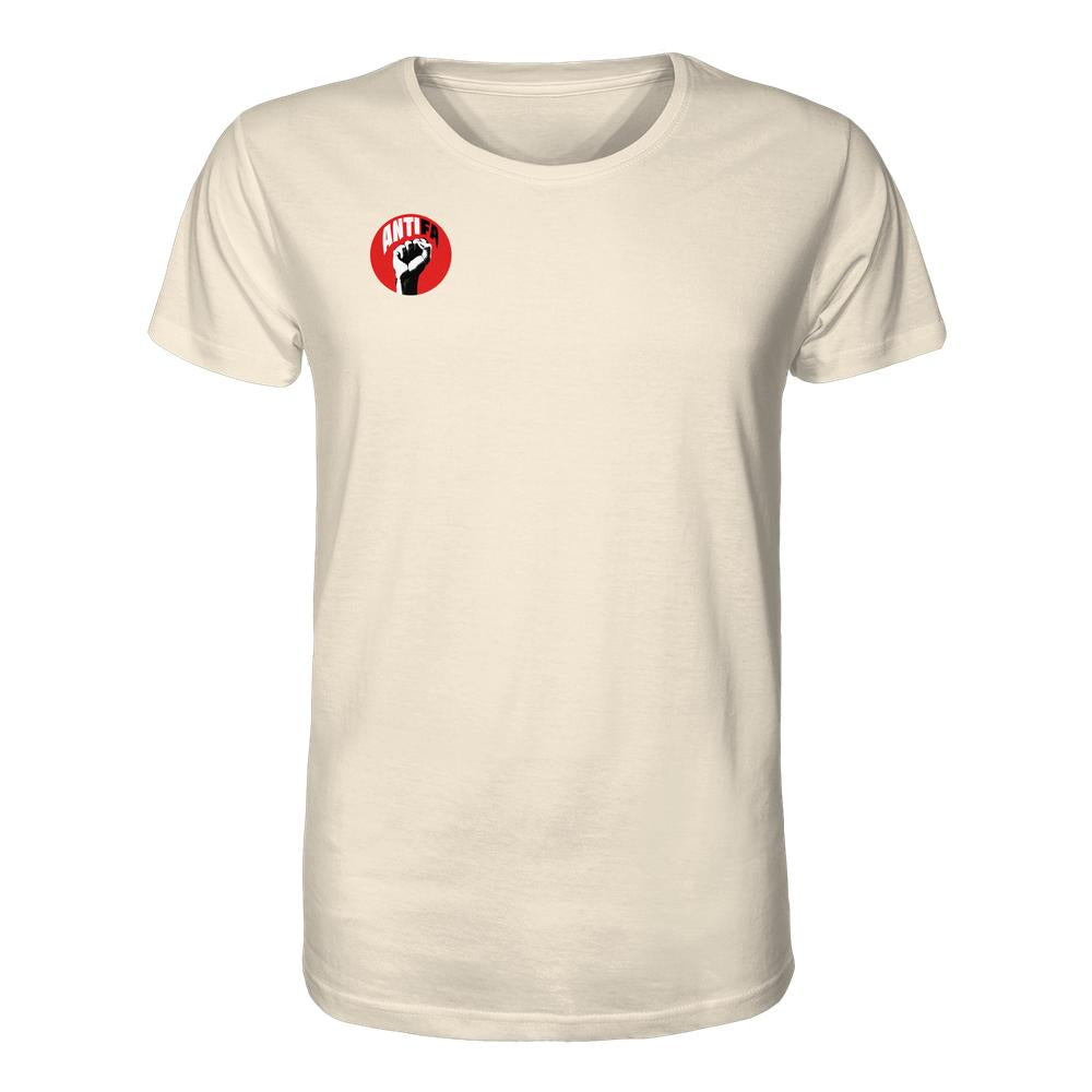 Vegan und Bio Unisex Shirt: Antifa - Gemeinsam gegen Rechts, zeigt rotes Antifa-Logo mit schwarzer Faust. Nachhaltig hergestellt aus 100% Bio-Baumwolle.
