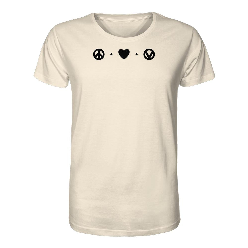 Vegan und Bio Unisex Shirt: Peace - Love - Veganism, zeigt Symbole für Frieden, Liebe und Veganismus auf der Brust, aus 100% Bio-Baumwolle, schlicht und aussagekräftig.