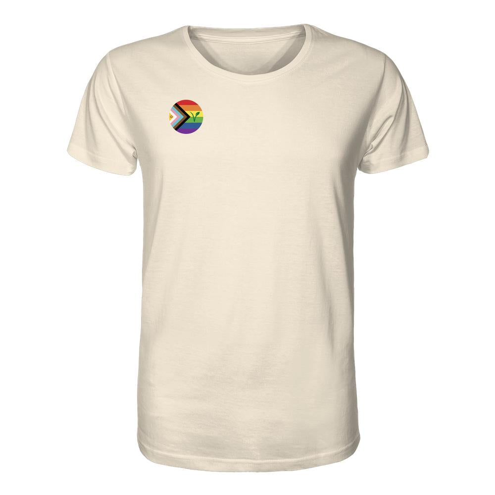 Vegan und Bio Unisex Shirt: LGBTQIA+ VEGAN, ein hellbeiges T-Shirt mit Regenbogen-Logo und veganem Symbol, aus 100% Bio-Baumwolle, von RUDE REBEL.
