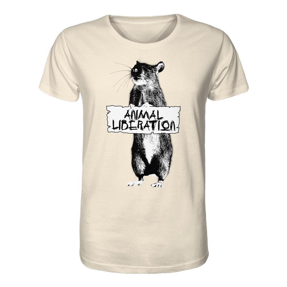 Vegan und Bio Unisex Shirt Rat for Animal Liberation zeigt Ratte mit ANIMAL LIBERATION-Schild, inspiriert von Banksy. Hergestellt aus 100% Biobaumwolle, normaler Schnitt.