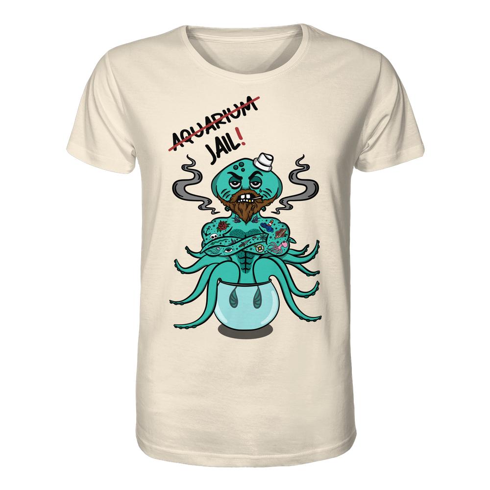 Unisex T-Shirt mit Cartoon-Oktopus im Fischglas, Aquarium=Jail!-Botschaft, betont Tierrechte. Hergestellt aus 100% Bio-Baumwolle.