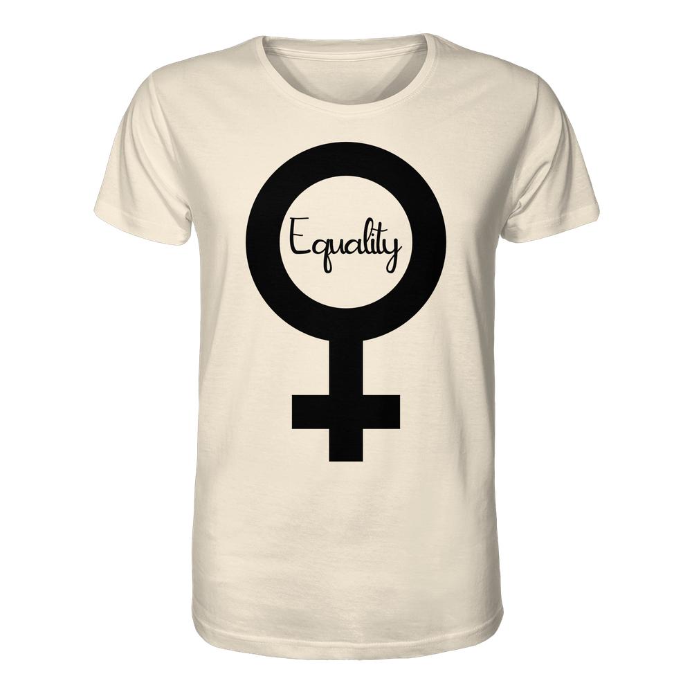 Unisex Bio-T-Shirt mit großem, schwarzem Venus-Symbol und Equality-Schriftzug, betont Gleichberechtigung und Feminismus. Hergestellt aus 100% Bio-Baumwolle, normale Passform.