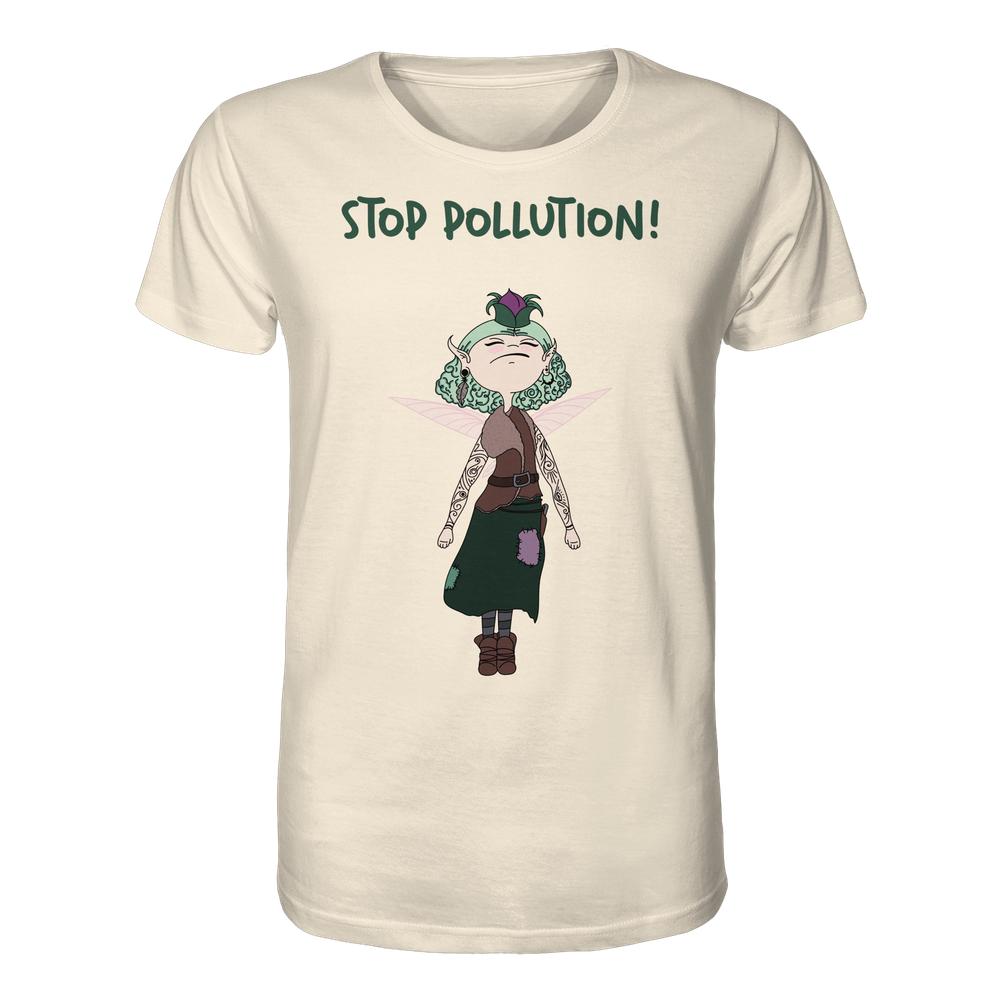 Vegan und Bio Unisex Shirt: STOP POLLUTION! - Krawall Fee mit Cartoon-Elf, die umweltbewusst rebelliert. Bio-Baumwolle, normale Passform, nachhaltiges Design von RUDE REBEL.