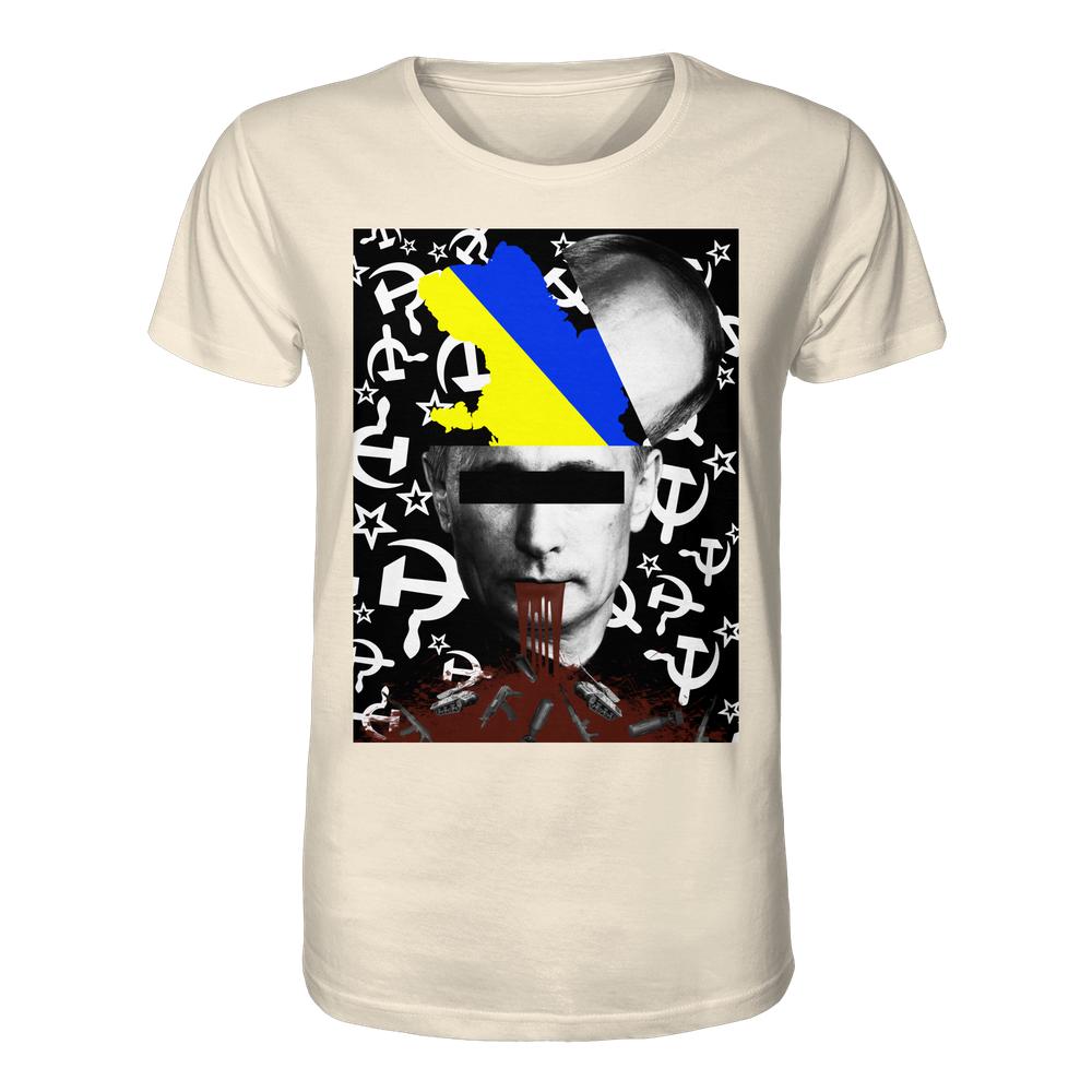 Vegan und Bio Unisex Shirt: STOP WAR IN UKRAINE! zeigt Putins Porträt mit ukrainischer Flagge und Militärsymbolik, kritisch gegenüber Krieg, aus 100% Biobaumwolle.