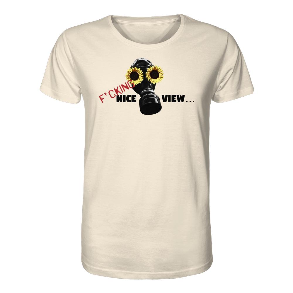 Vegan und Bio Unisex Shirt: Sunflower Mask - F*cking nice view... zeigt ein stilisiertes Gasmaske-Design mit Sonnenblumen, aus 100% Bio-Baumwolle, rebellisch und nachhaltig.