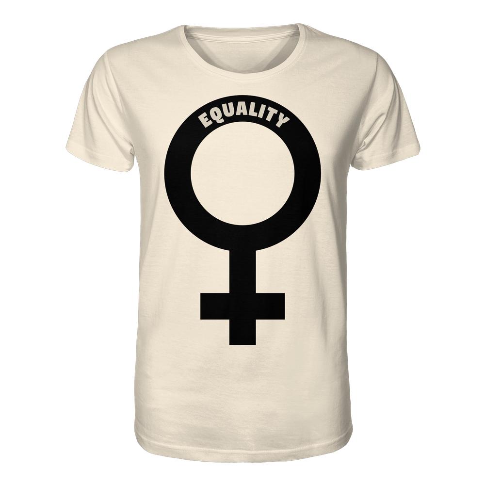 Vegan und Bio Unisex Shirt: Das Venussymbol - T-Shirt mit großem schwarzen Venuszeichen und EQUALITY Schriftzug, aus 100% Bio-Baumwolle, normaler Schnitt.