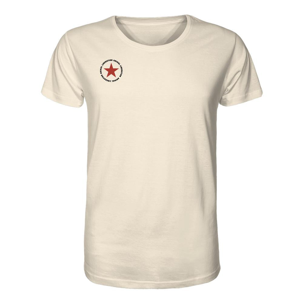 Vegan und Bio Unisex Shirt: Red Star - Animal Liberation, aus Bio-Baumwolle, zeigt ein kleines rotes Sternlogo mit ANIMAL LIBERATION auf der Brust.