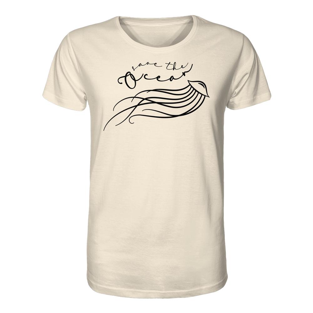 Vegan und Bio Unisex Shirt: Jellyfish - Save the Ocean, zeigt ein minimalistisches Qualle-Design mit dem Slogan „Save the Ocean“ auf einem hellbeigen T-Shirt aus Biobaumwolle.