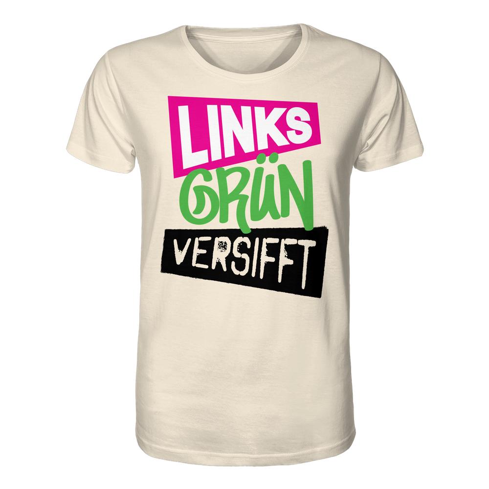 Vegan und Bio Unisex Shirt mit Slogan LINKS GRÜN VERSIFFT, 100 % Bio-Baumwolle, normaler Schnitt. Rebellisches Design von RUDE REBEL für umweltbewusste Käufer.