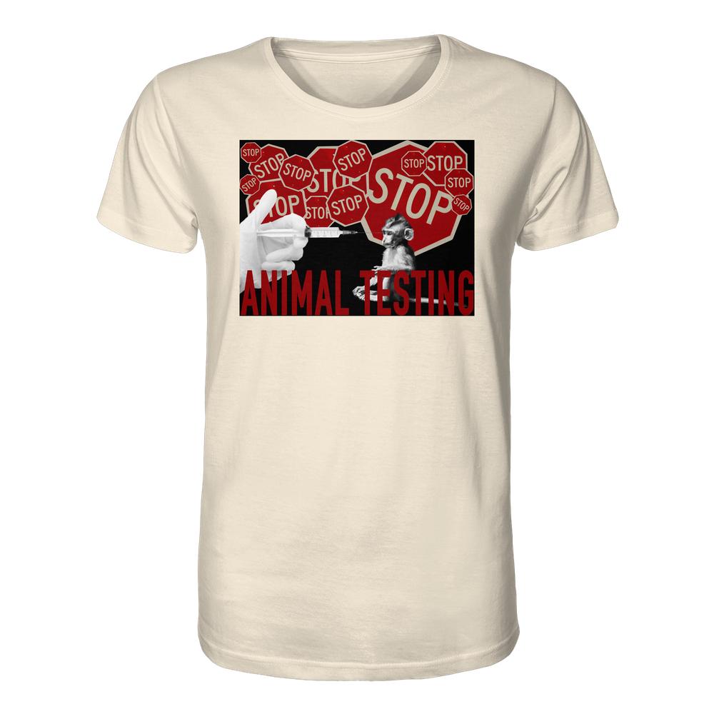 Veganes und biologisches Unisex-Shirt: STOP ANIMAL TESTING! mit auffälligem Anti-Tierversuchs-Motiv, zeigt STOP-Schilder, Spritze und Affe, aus 100% Bio-Baumwolle.