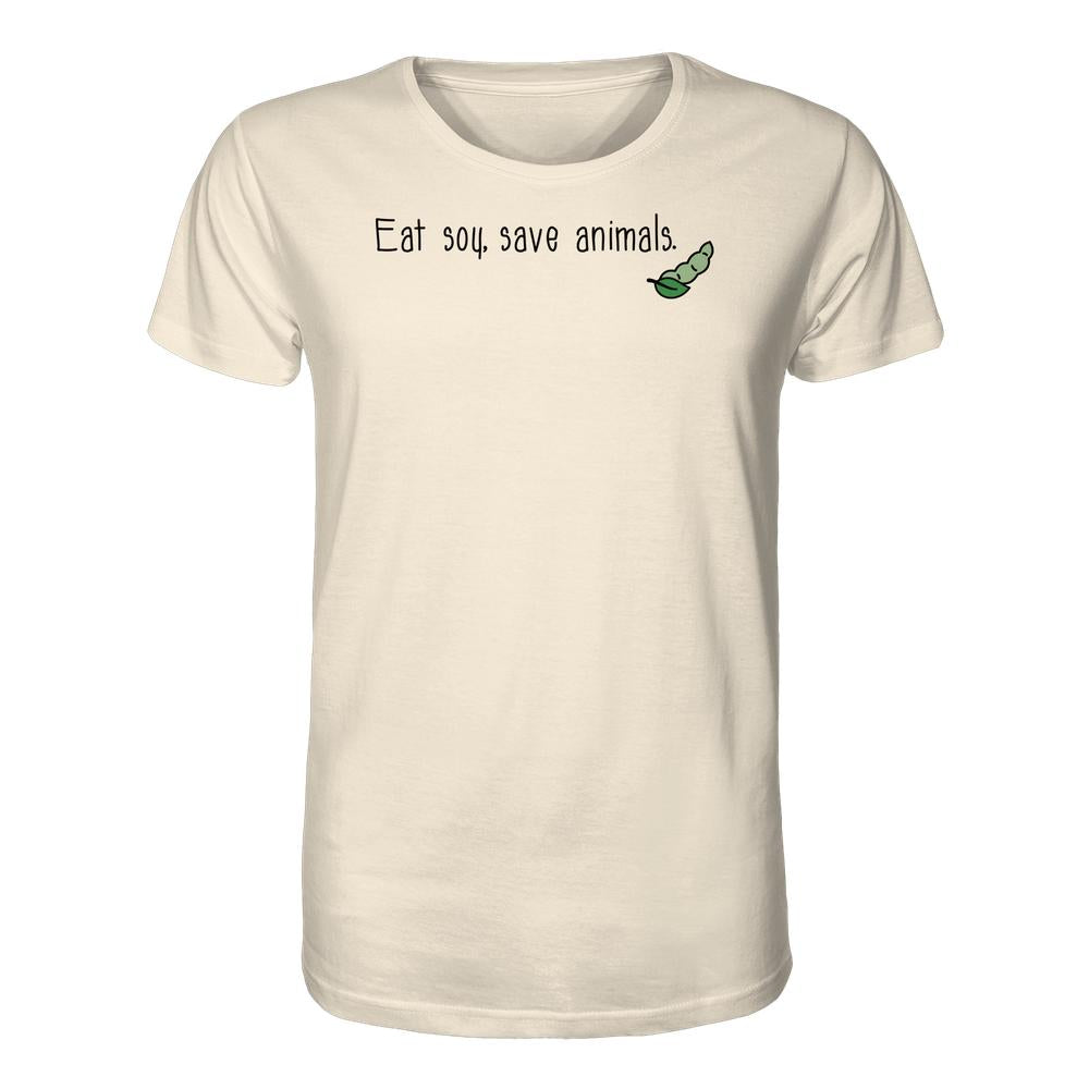 Vegan und Bio Unisex Shirt: Veganism - Eat soy, save animals. Kurzarm-T-Shirt aus Bio-Baumwolle mit Soja-Pod-Illustration, fördert Tierschutz und vegane Lebensweise.