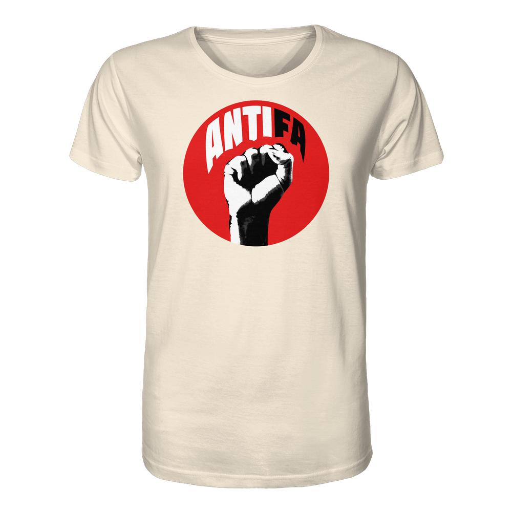 Vegan und Bio Unisex Shirt: Antifa - Kampf gegen Rechts, zeigt ein kämpferisches Design mit rotem Kreis und schwarzer Faust, 100 % Bio-Baumwolle, normale Passform.