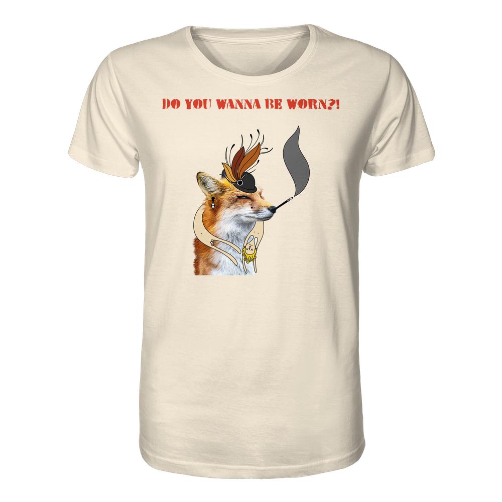 Vegan und Bio Unisex Shirt: Mrs. Fox demonstriert gegen Pelz! zeigt einen stilisierten Fuchs mit Hut, Schal und Pfeife, bedruckt auf einem beigen T-Shirt.