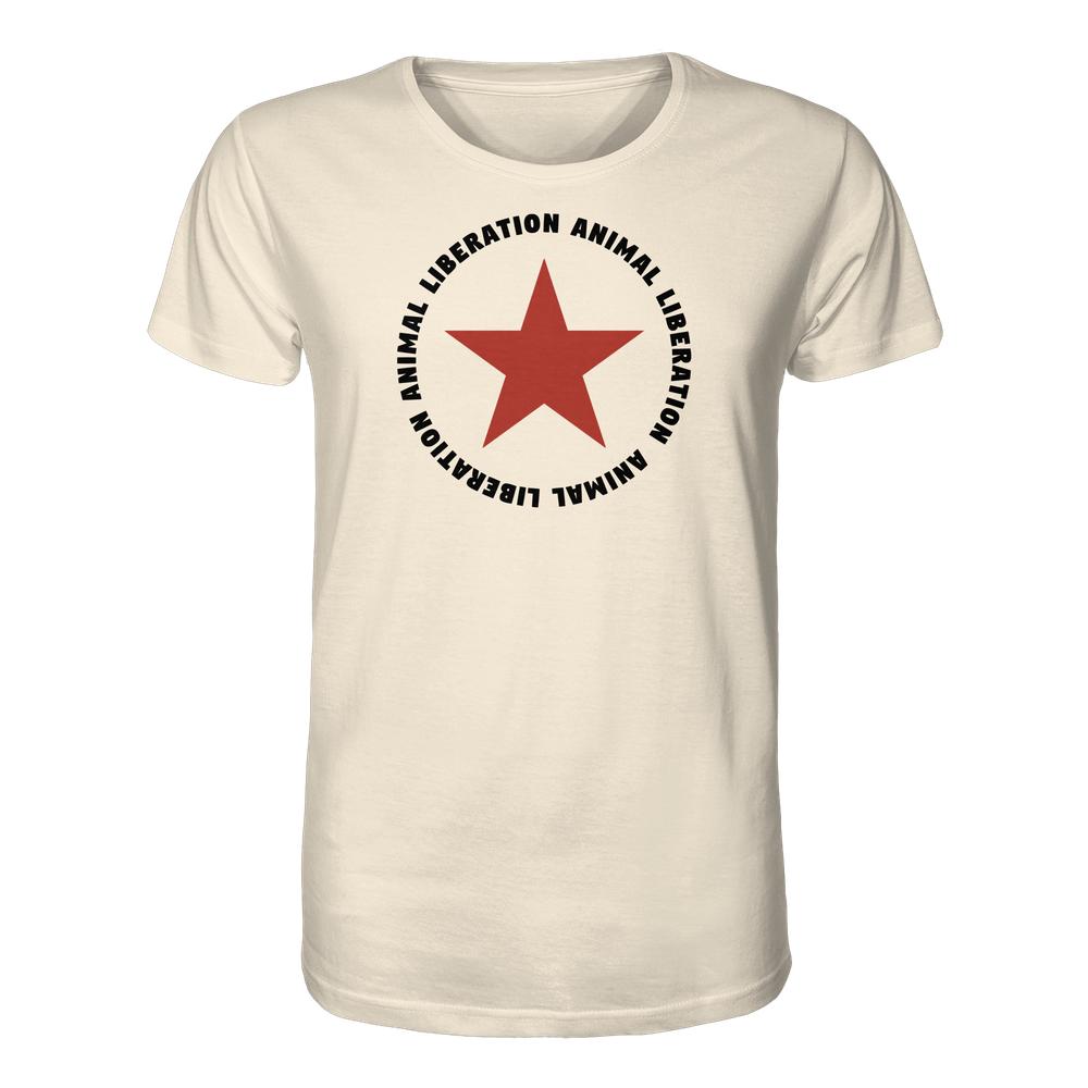 Vegan und Bio Unisex Shirt: Red Star and Animal Liberation, cremefarbene Bio-Baumwolle, roter Stern und schwarzer Text ANIMAL LIBERATION auf der Brust, normaler Schnitt.