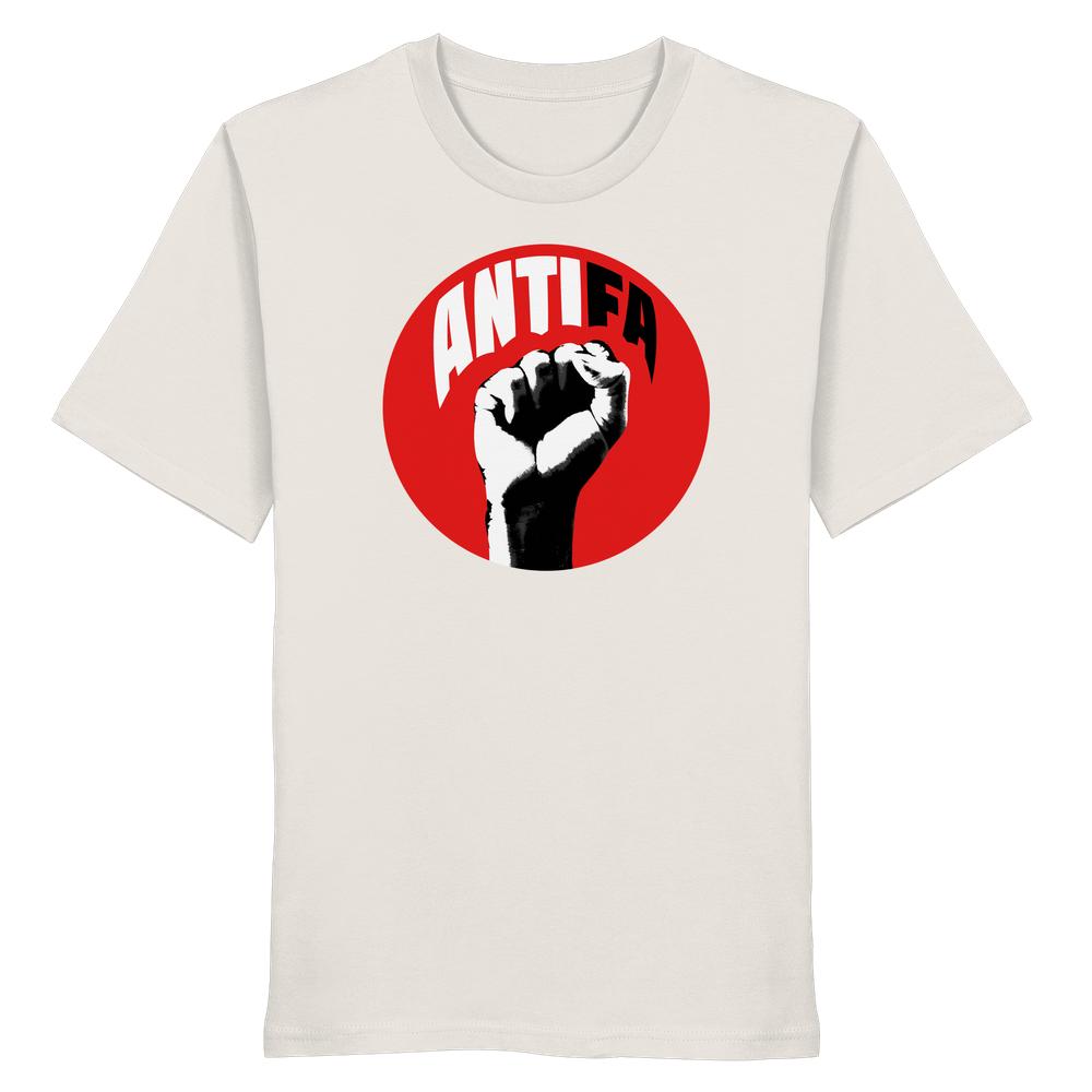 Vegan und Bio Unisex Shirt: Antifa - Kampf gegen Rechts, zeigt rotes Kreisdesign mit erhobener Faust und ANTIFA-Schriftzug. 100% Biobaumwolle, normaler Schnitt, von RUDE REBEL.