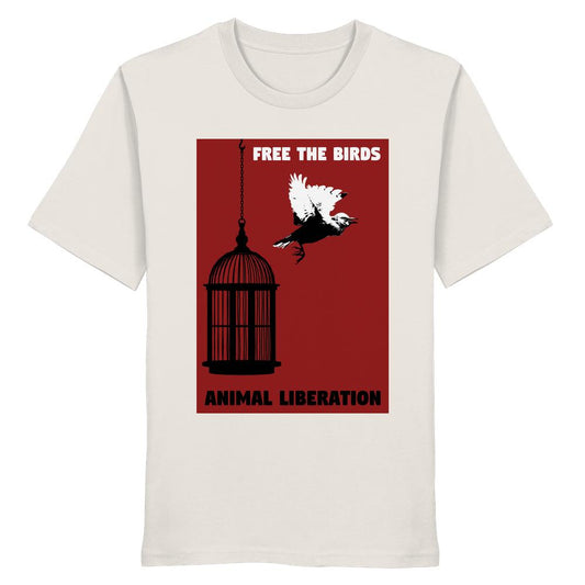 Vegan und Bio Unisex Shirt: Free the birds - Animal Liberation zeigt ein Vogelkäfig-Motiv mit offenen Tür und fliegendem Vogel, unterstreicht Tierrechtsbotschaft, aus 100% Biobaumwolle.