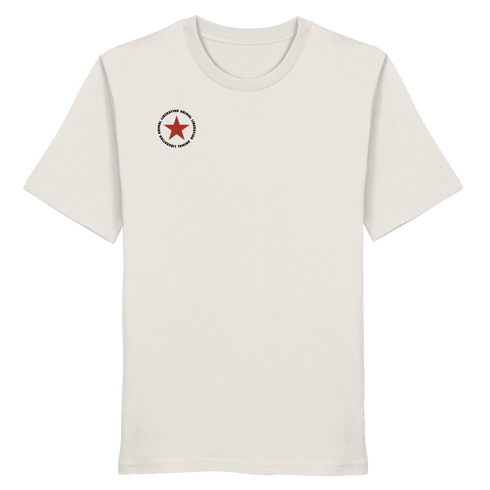 Vegan und Bio Unisex Shirt: Red Star - Animal Liberation, off-white, mit rotem Stern-Design und ANIMAL LIBERATION-Schriftzug, aus 100 % Bio-Baumwolle, normale Passform.