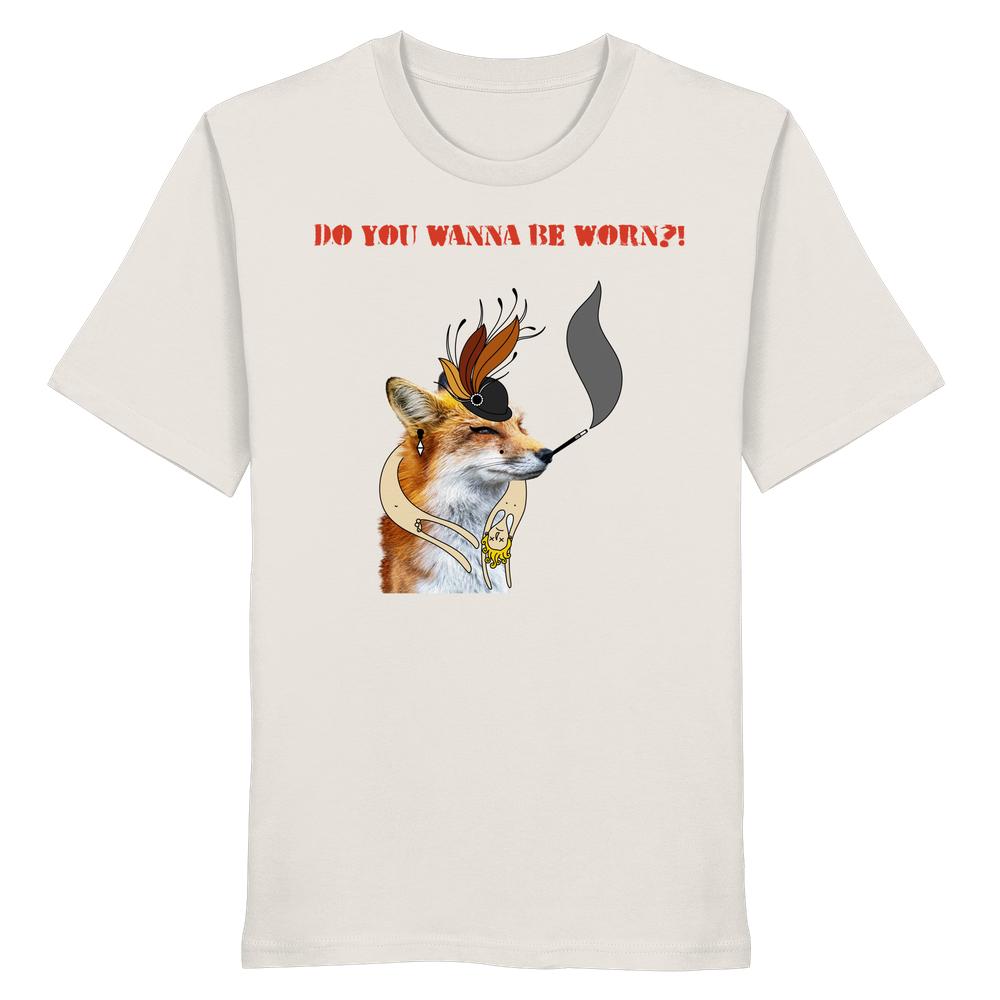 Vegan und Bio Unisex Shirt: Mrs. Fox demonstriert gegen Pelz! zeigt einen Fuchs mit Hut, Zigarettenspitze und dem Slogan “DO YOU WANNA BE WORN?!”.