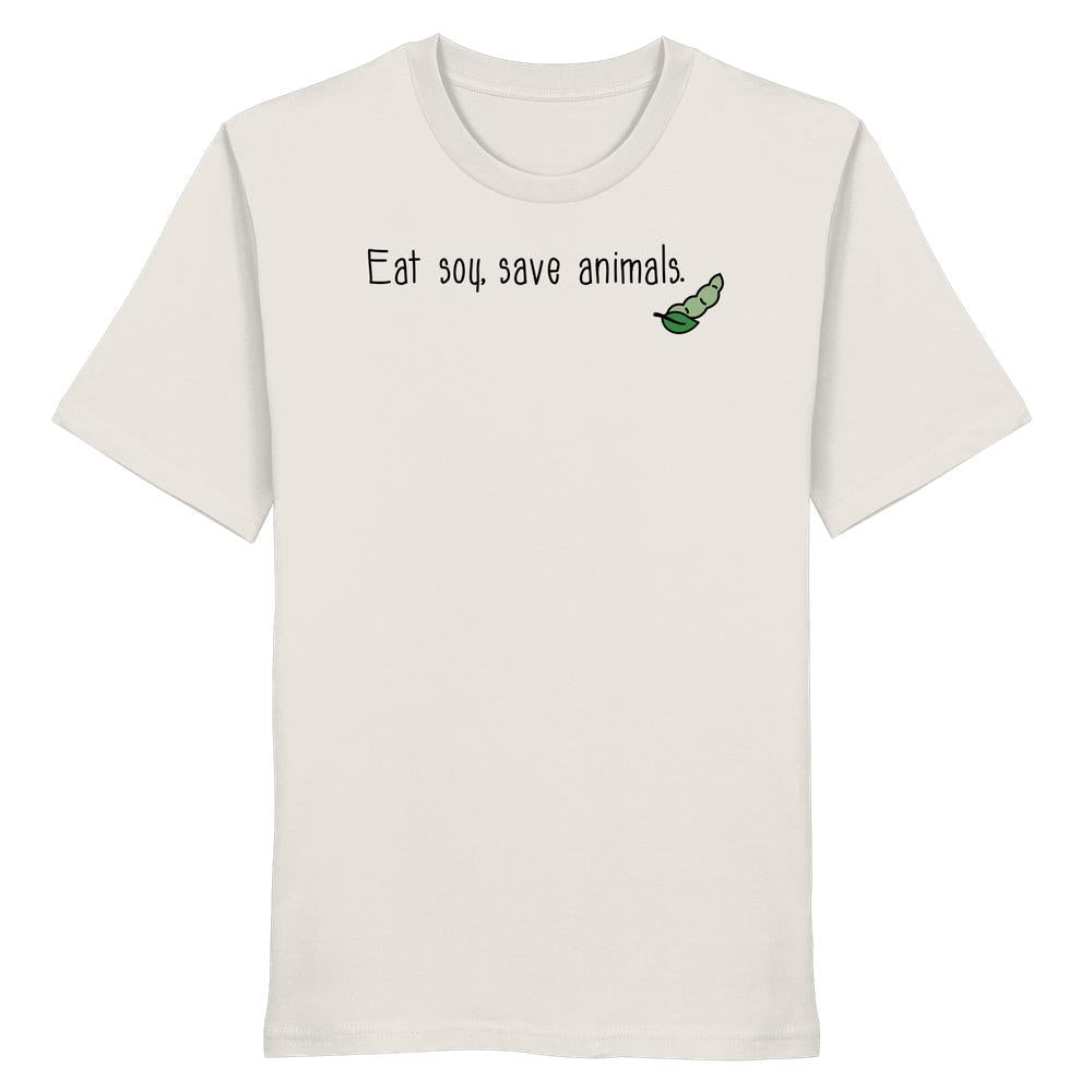 Vegan und Bio Unisex Shirt mit Slogan “Eat soy, save animals.” und grüner Erbsengrafik, aus 100 % Bio-Baumwolle, normaler Schnitt, von RUDE REBEL.