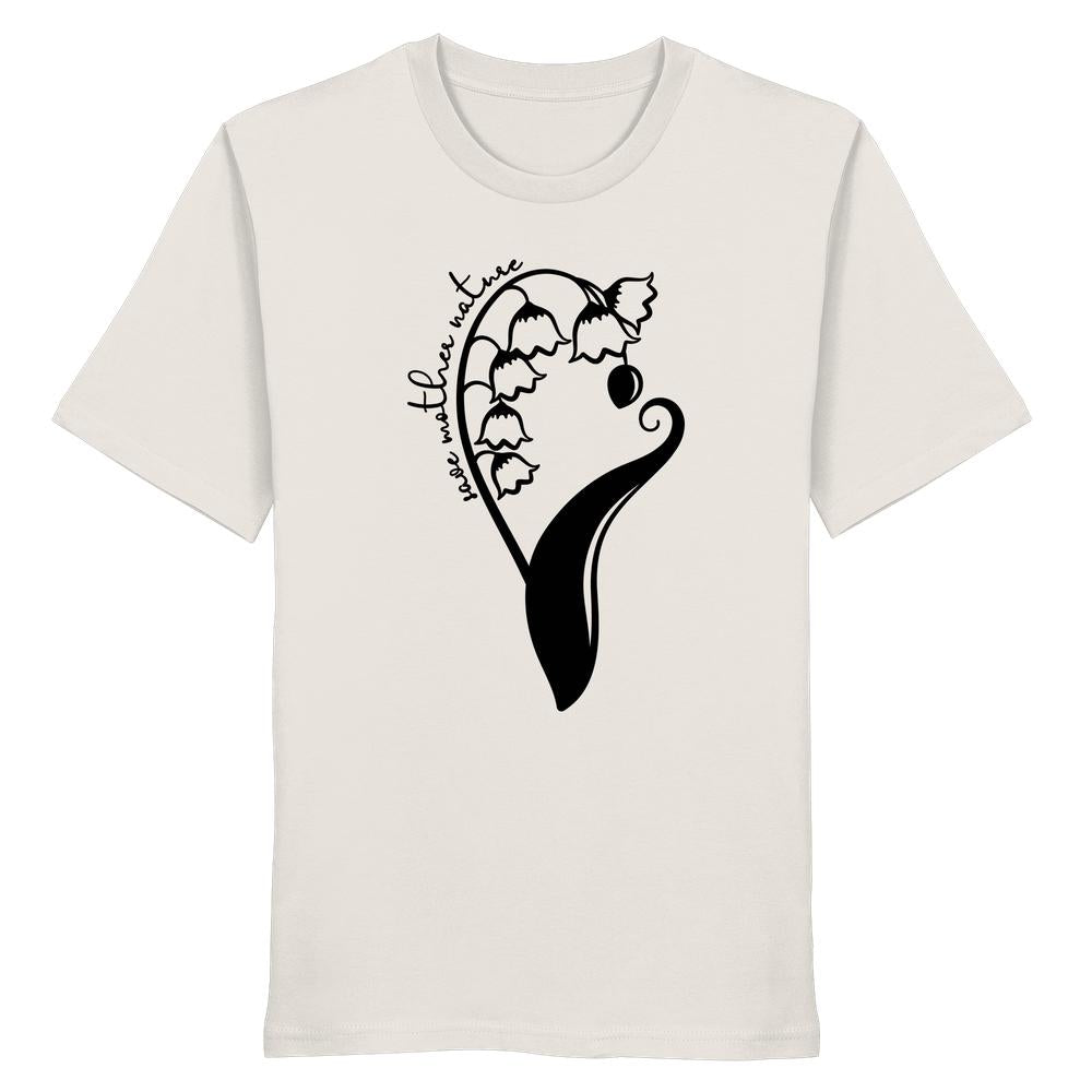 Vegan und Bio Unisex Shirt: Save Mother Nature with Flower Power, off-white, zeigt stilisierte Maiglöckchen mit dem Slogan “Rettet Mutternatur”, aus 100% Bio-Baumwolle.