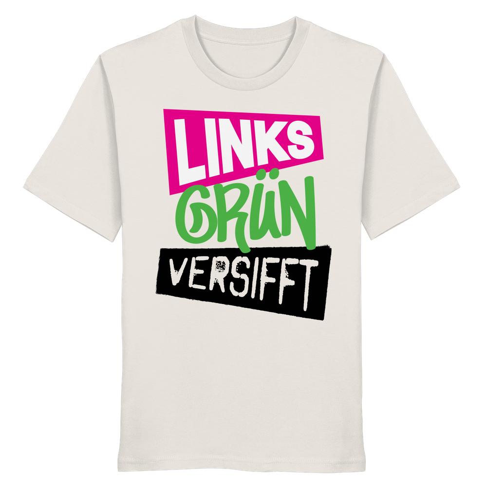 Vegan und Bio Unisex Shirt mit dem Slogan Linksgrünversifft in auffälligem Design auf der Vorderseite, aus 100 % Bio-Baumwolle, normale Passform.