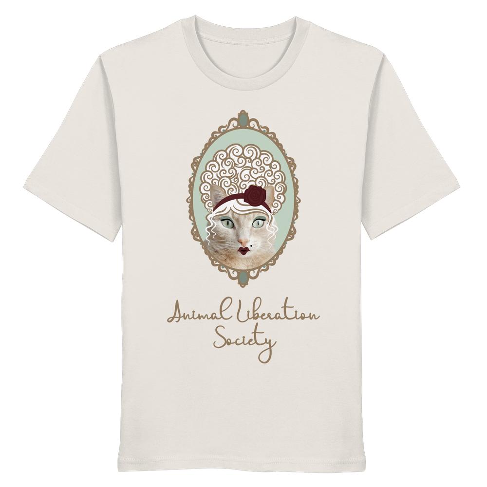 Vegan und Bio Unisex Shirt: Miss Cat - Animal Liberation Society mit stilisiertem Katzenporträt im Cameo-Stil und handgeschriebenem Slogan auf hochwertiger Bio-Baumwolle.