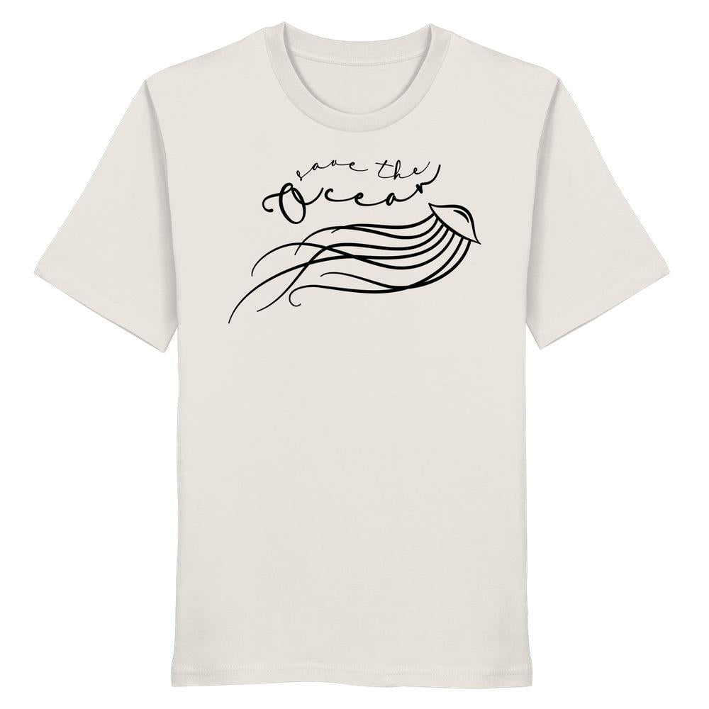 Unisex Bio-Shirt mit minimalistischer Quallengrafik und Save the Ocean-Aufruf, aus 100% Bio-Baumwolle, von RUDE REBEL, unterstreicht Meeres- und Umweltschutz.