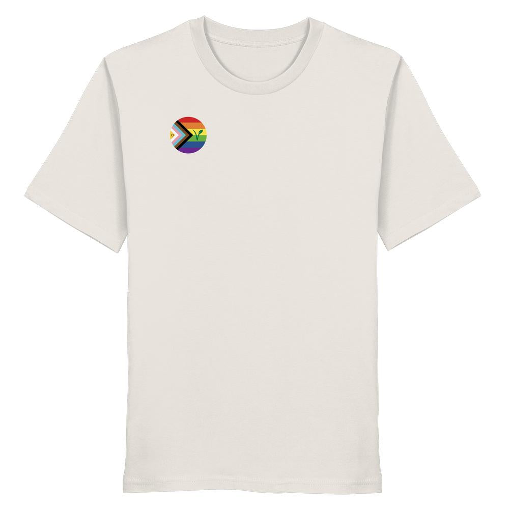 Unisex T-Shirt aus Bio-Baumwolle mit LGBTQIA+ VEGAN-Logo auf der Brust. Nachhaltiges Design von RUDE REBEL, betont Freiheit und Rechte aller Lebewesen.