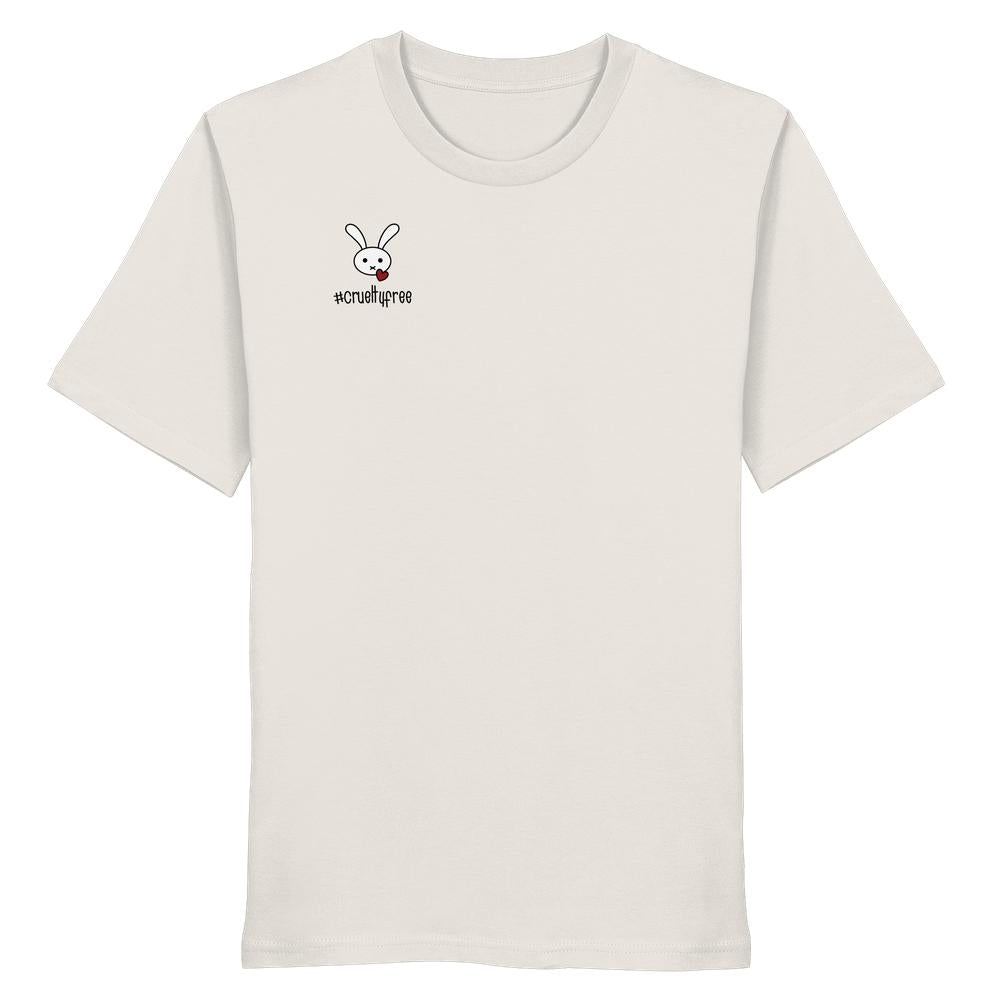 Unisex Bio-Baumwollshirt mit normaler Passform, zeigt ein stilisiertes Hasenmotiv mit Herz und #crueltyfree auf der Brust, von RUDE REBEL.