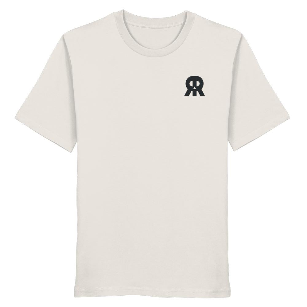 Veganes und biologisches Unisex-Shirt bestickt mit kleinem schwarzen RUDE REBEL Skull Logo auf der linken Brust, aus 100 % Bio-Baumwolle, normale Passform.