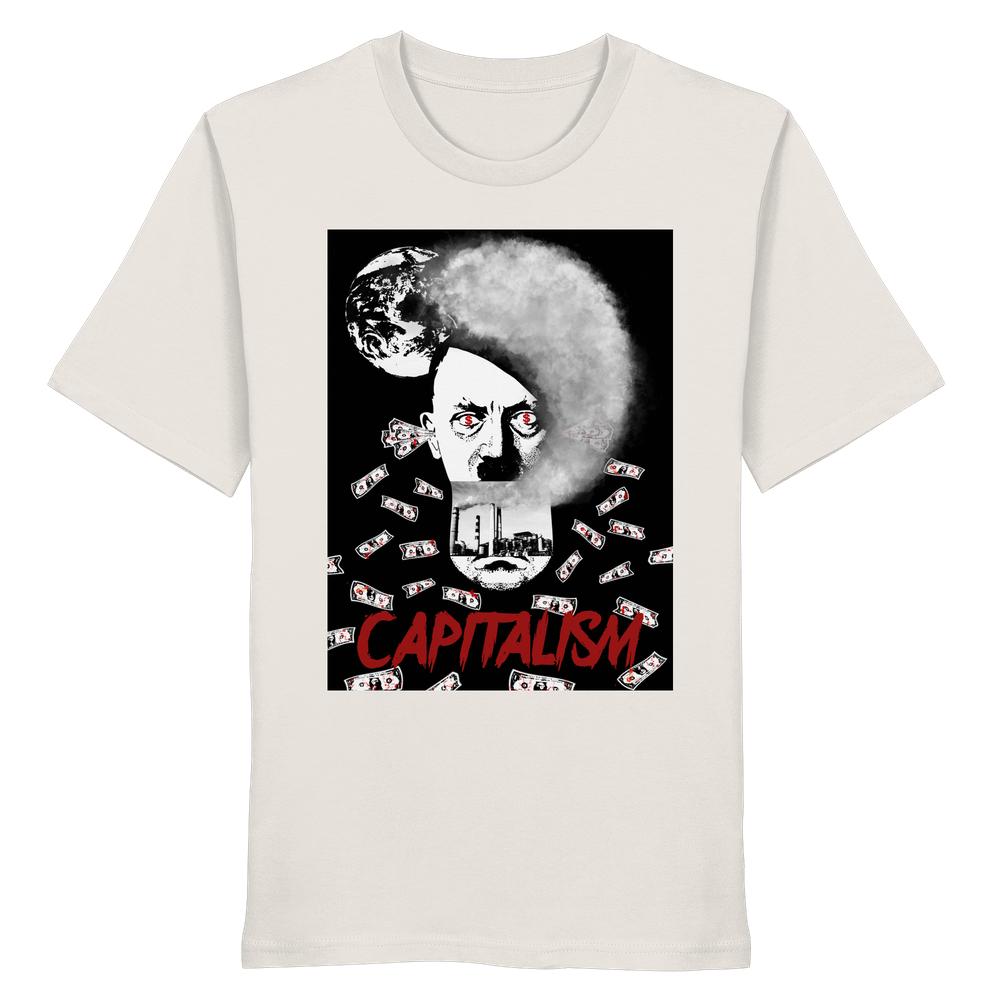 Grafisches Unisex-T-Shirt Vegan und Bio: Capitalism vs. Earth - The Money Game mit surrealem Porträt, Wolke und Globus, umgeben von Geldschein-Illustrationen und rauchenden Schornsteinsilhouetten.