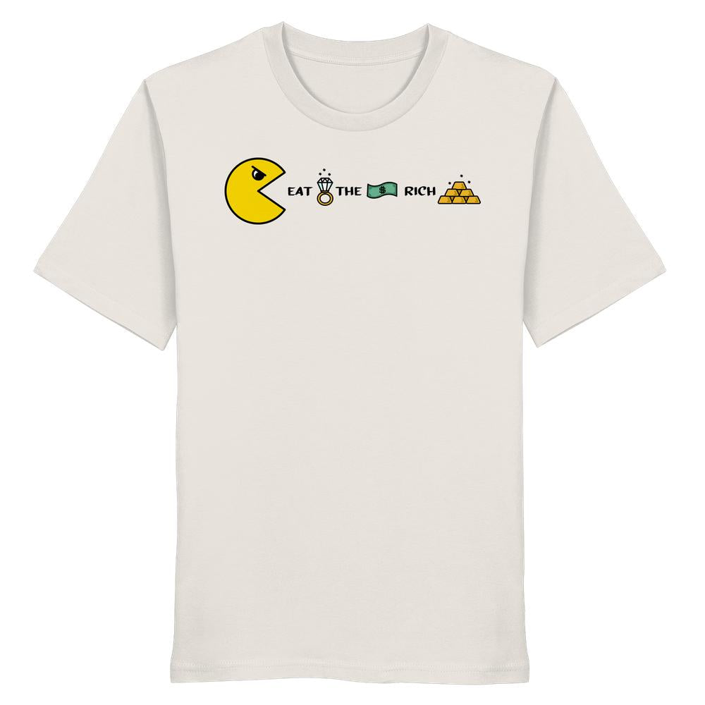 Vegan und Bio Unisex Shirt: PAC-MAN - Eat the rich, zeigt Pac-Man-Grafik mit EAT THE RICH und Symbolen. 100% Bio-Baumwolle, normale Passform.