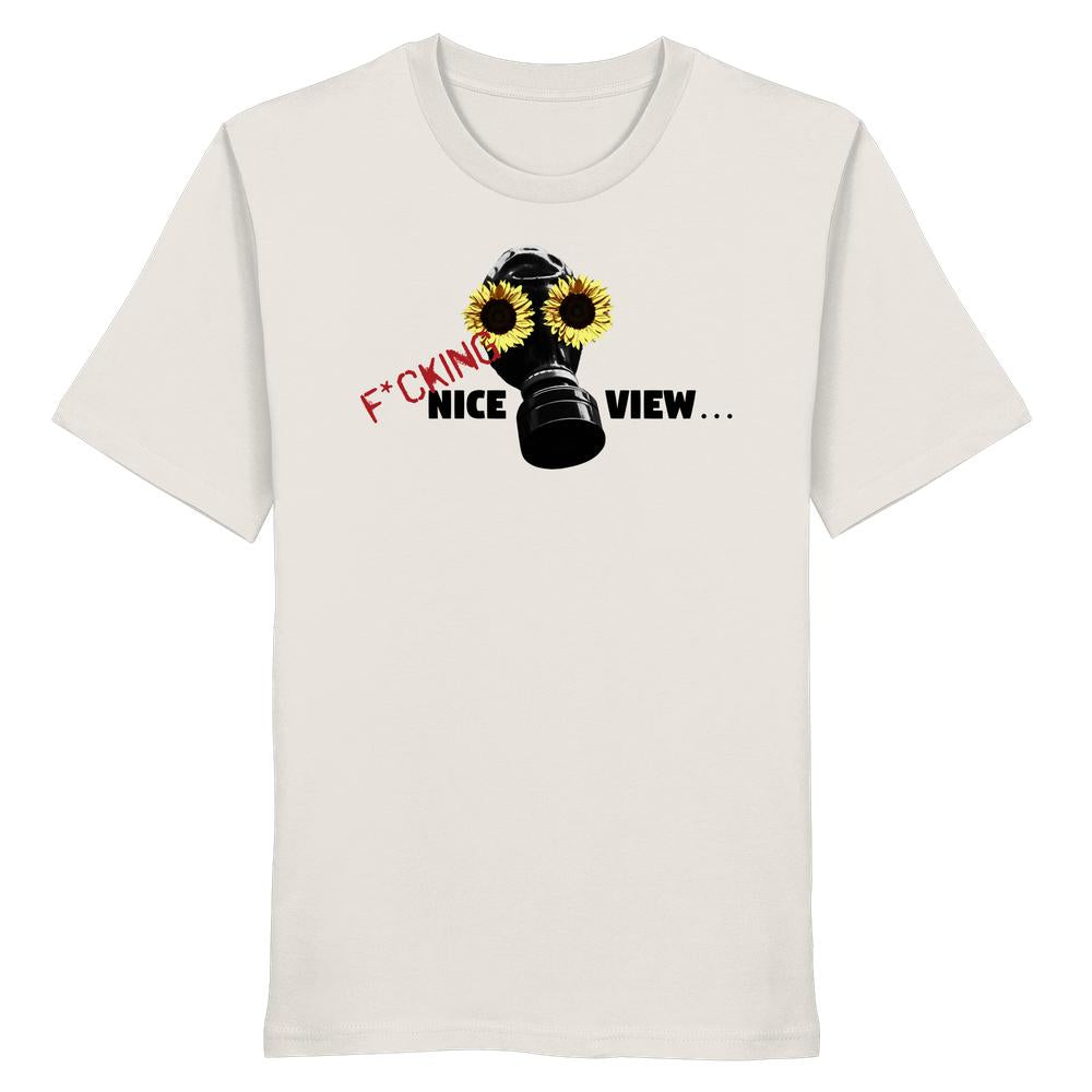 Vegan und Bio Unisex Shirt: Sunflower Mask - F*cking nice view... zeigt Gasmaske mit Sonnenblumen-Augen, rebellisches Design, 100% Bio-Baumwolle, normaler Schnitt, von RUDE REBEL.