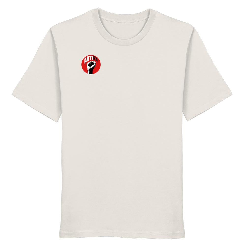 Vorderansicht eines veganen und umweltfreundlichen Bio-Baumwoll-Unisex-Shirts mit kleinem ANTIFA Emblem auf der Brust, entworfen für RUDE REBELs antirechte und nachhaltige Mode.