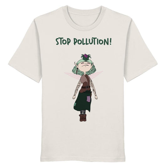 Vegan und Bio Unisex Shirt: STOP POLLUTION! - Krawall Fee mit grünen Locken, Blütenhut, rosa Flügeln, Tattoos, entschlossenem Gesichtsausdruck, aus 100% Bio-Baumwolle, rebellisches Umwelt-Statement.