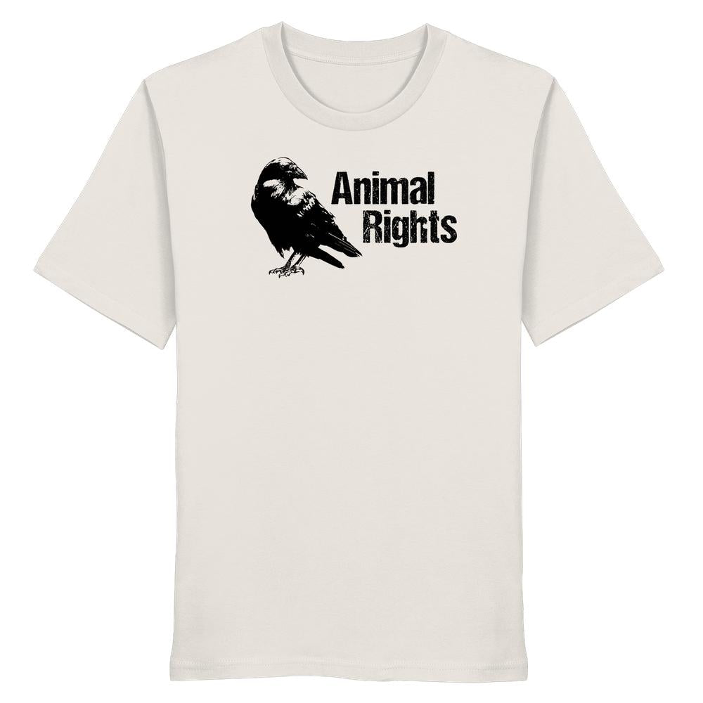 Unisex-Shirt aus Bio-Baumwolle mit stilisiertem Krähenmotiv und Animal Rights-Schriftzug auf der Brust, betont Tierrechte und Naturschutz. Ideal für vegane und nachhaltige Mode.