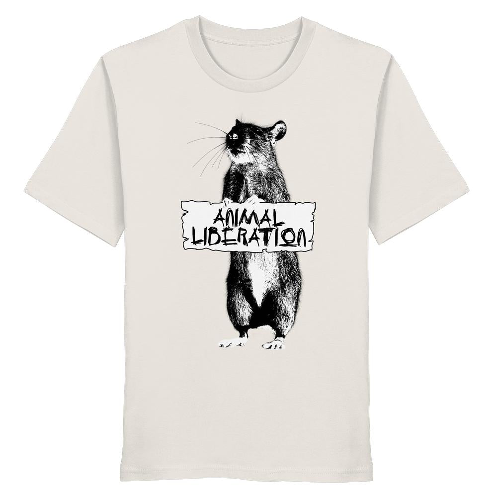 Vegan und Bio Unisex Shirt: Rat for Animal Liberation, zeigt eine Ratte mit Schild ANIMAL LIBERATION, inspiriert von Banksy's Street Art, 100% Bio-Baumwolle.