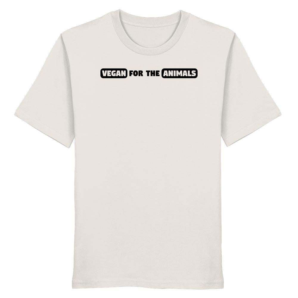 Unisex-Shirt „VEGAN FOR THE ANIMALS“ aus Bio-Baumwolle, mit schwarzem Slogan auf der Brust, von RUDE REBEL, normaler Schnitt, betont Tierrechte.