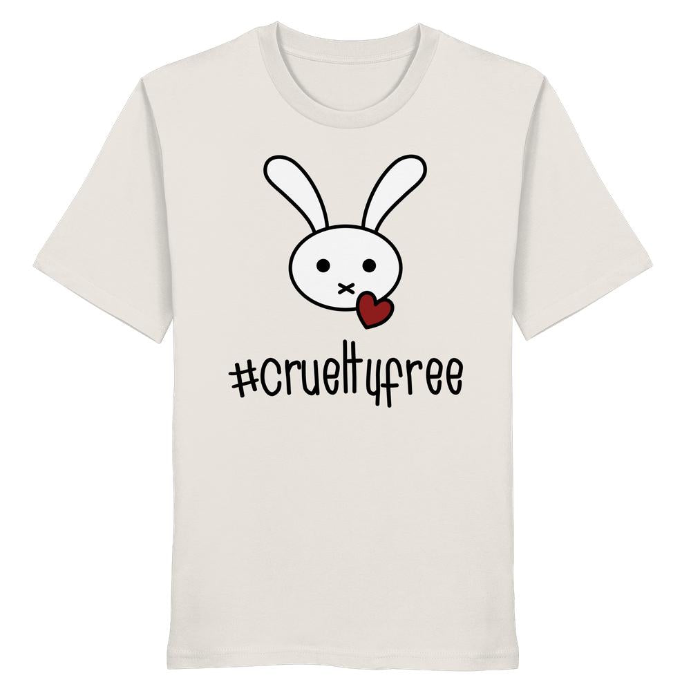 Vegan und Bio Unisex Shirt: Crueltyfree Bunny BIG zeigt einen stilisierten Hasen mit Herz. Hergestellt aus 100 % Bio-Baumwolle, normaler Schnitt, von RUDE REBEL.