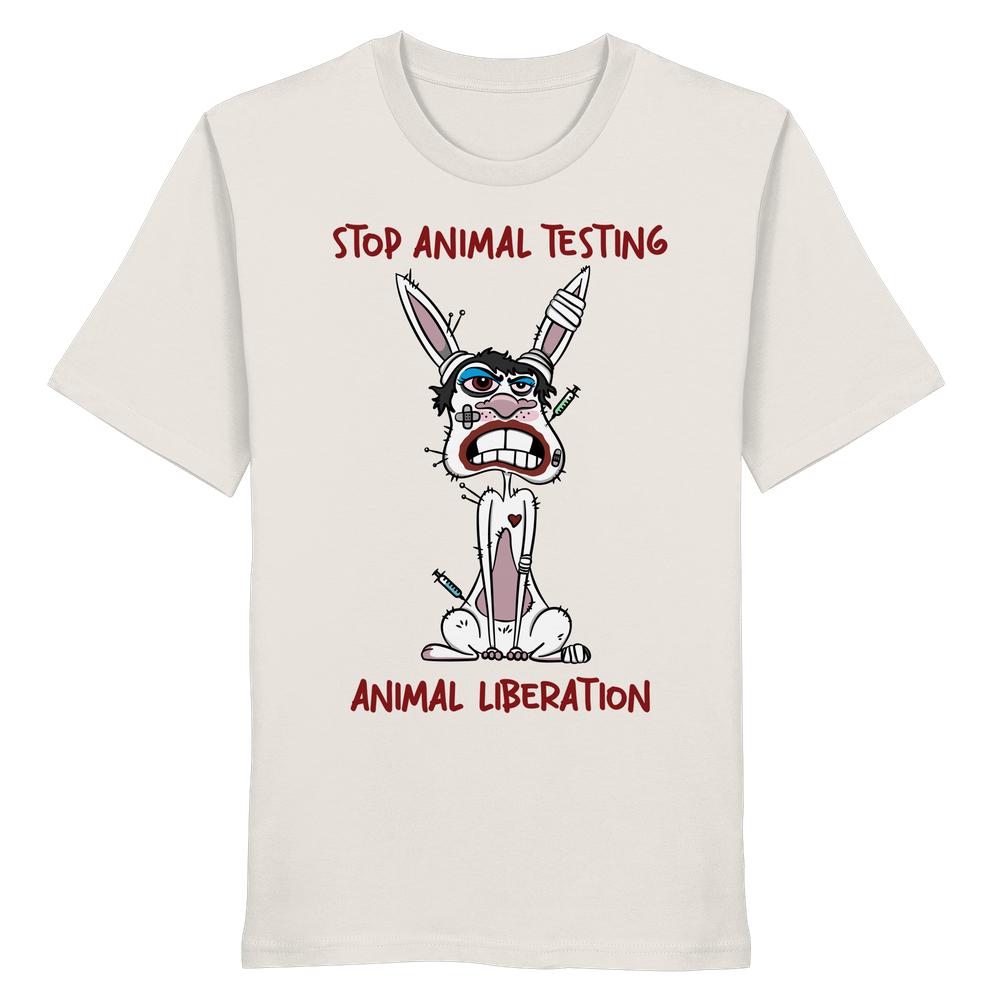 Vegan und Bio Unisex Shirt: Cartoon eines verletzten Laborhasens mit STOP ANIMAL TESTING und ANIMAL LIBERATION-Slogans, 100 % Bio-Baumwolle, normale Passform.