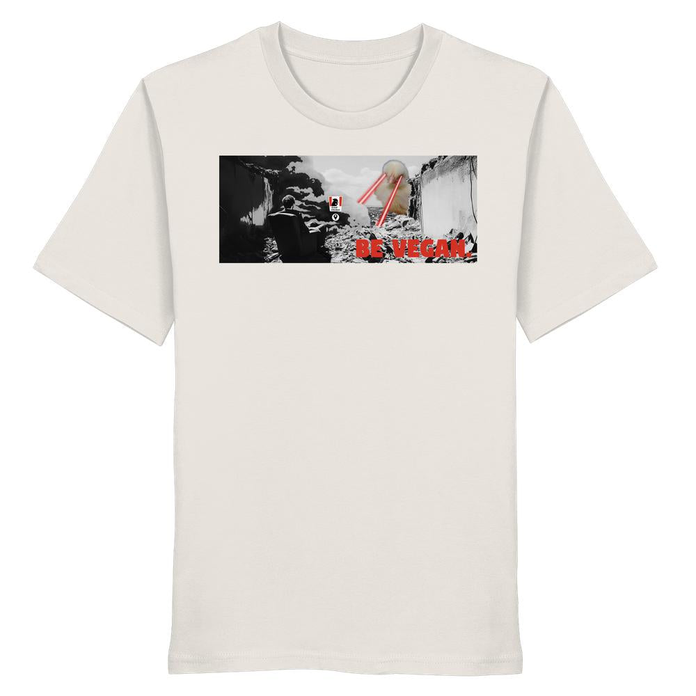 Vegan und Bio Shirt: BE VEGAN. - Angry bird, Off-White T-Shirt mit post-apokalyptischem Druck und rotem BE VEGAN! Schriftzug, aus 100 % Bio-Baumwolle von RUDE REBEL.