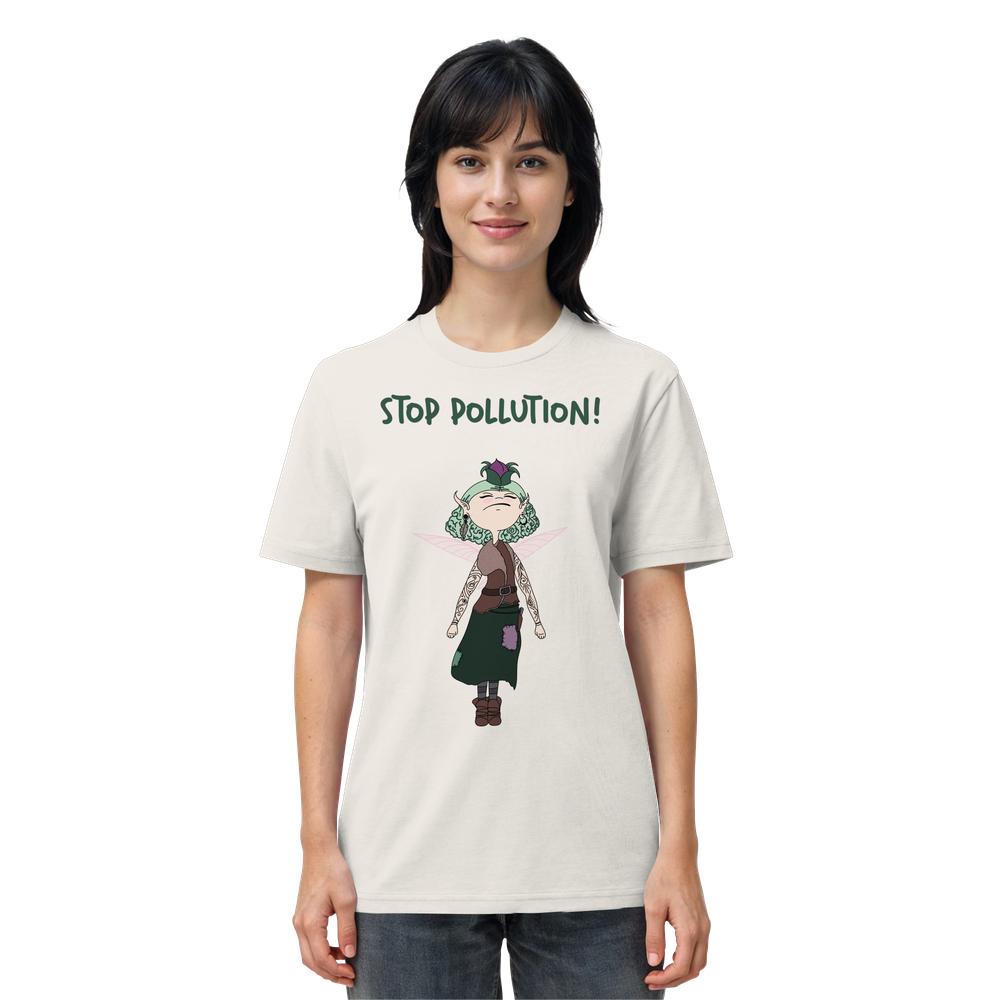 Person trägt das Vegan und Bio Unisex Shirt: STOP POLLUTION! - Krawall Fee mit Cartoonfigur, grünem Haar und Slogan, aus 100% Biobaumwolle von RUDE REBEL.