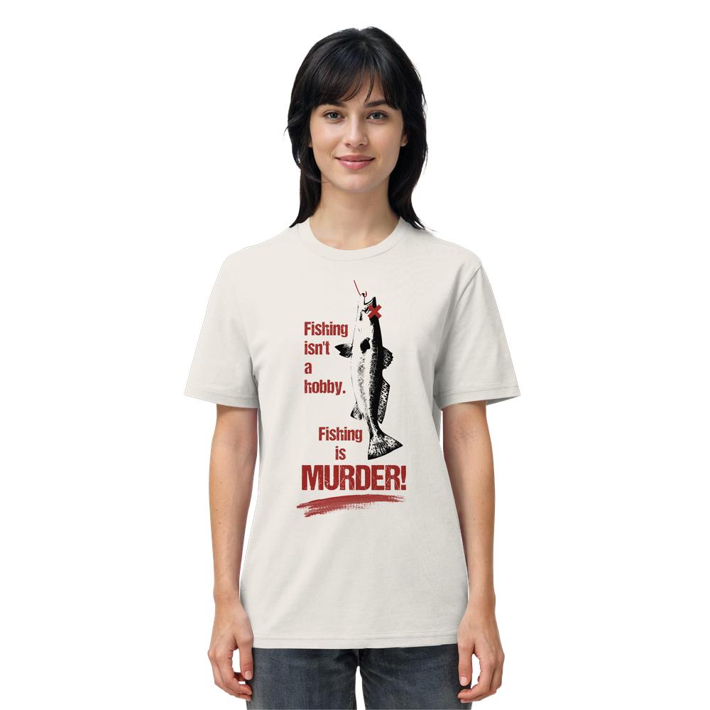 Person trägt das Vegan und Bio Unisex Shirt: Fishing is MURDER! mit Fischgrafik und provokanter Aufschrift, betont Tier- und Naturschutzansichten, hergestellt aus 100 % Bio-Baumwolle.